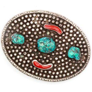 Vintage Sterling Silver Hallmarked BZ Turquoise Coral Navajo Belt Buckle